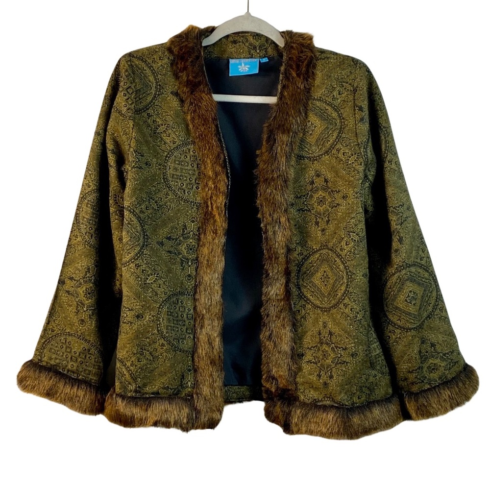 Cotton Connection Tapestry Style Faux Fur Trim Open Jacket Size S